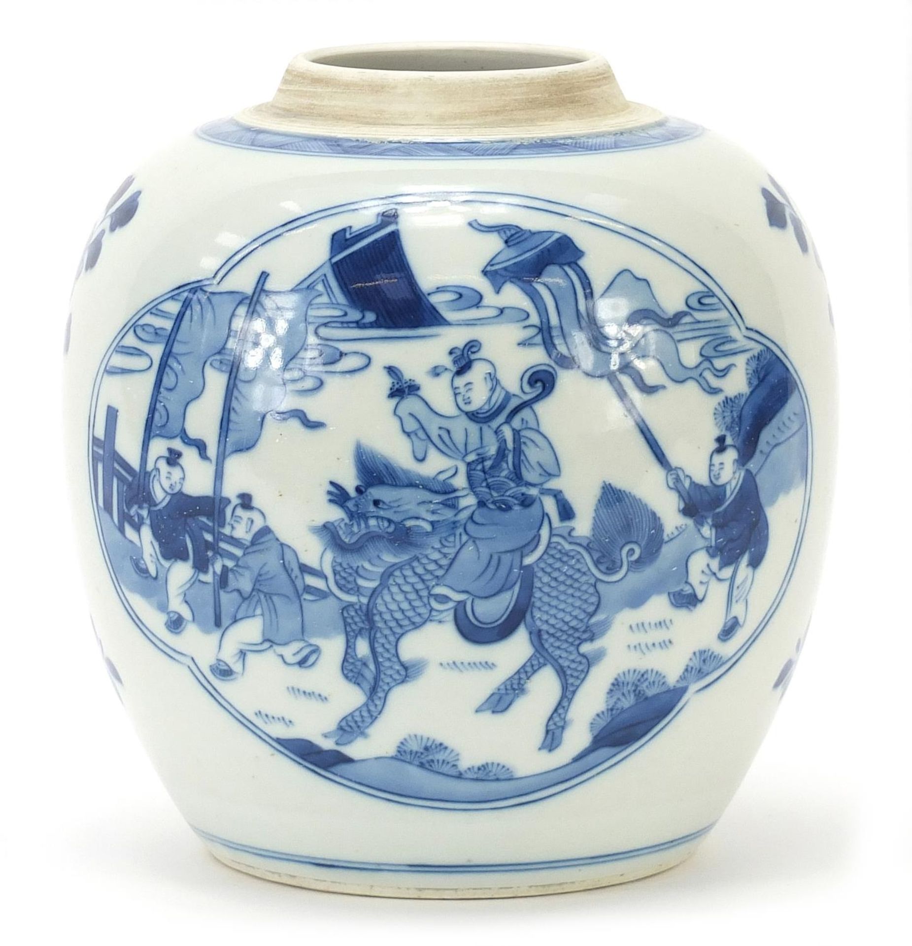 Chinese blue and white porcelain ginger jar hand painted with children playing, Kangxi blue ring
