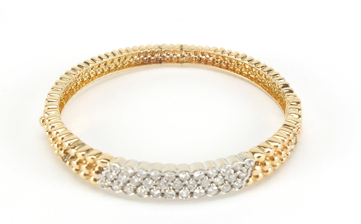 14ct gold diamond three row hinged bangle, set wit thirty three diamonds, the diamonds approximately - Image 5 of 8