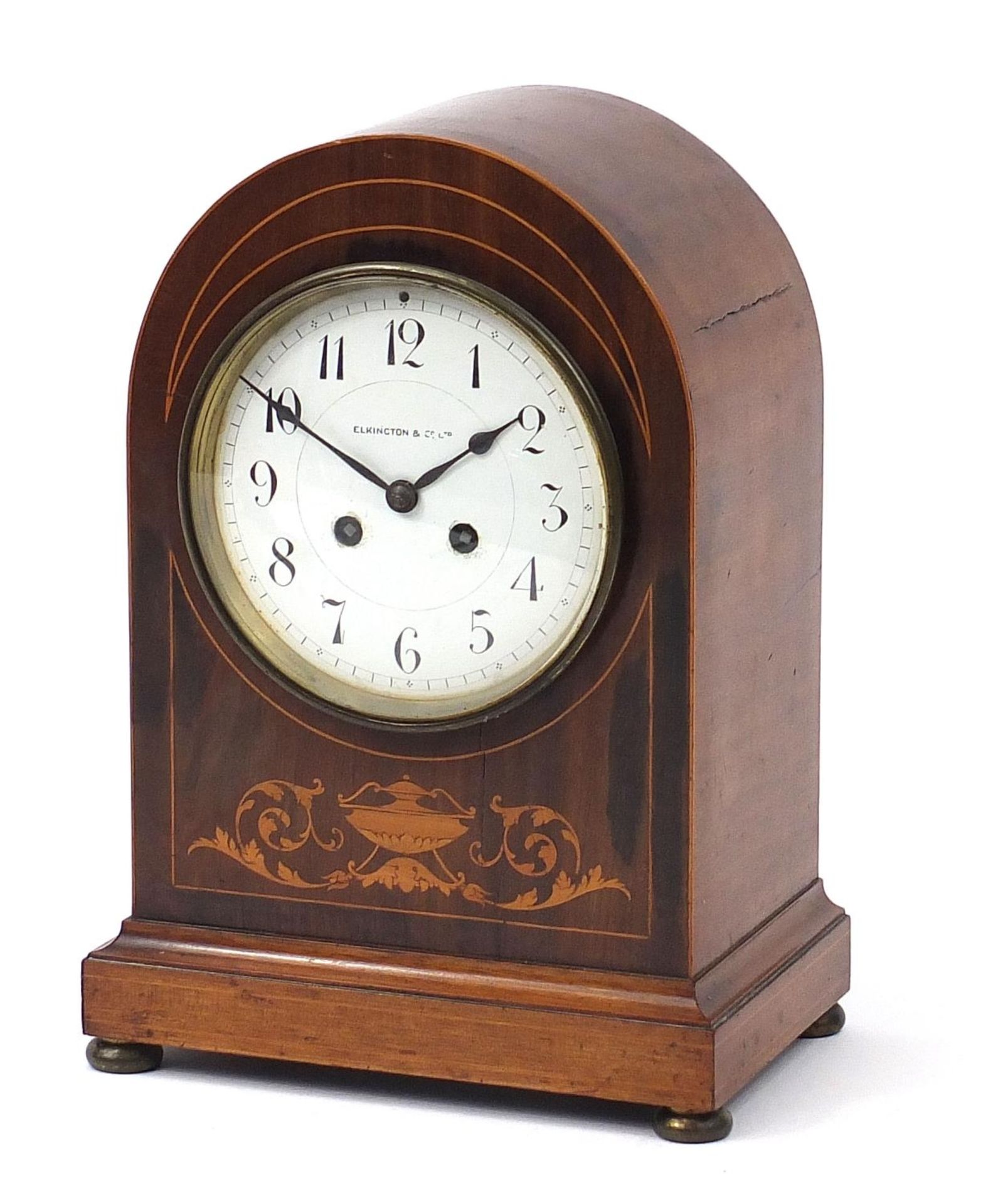 Elkington & Co, Edwardian inlaid mahogany dome top mantle clock striking on a gong with enamel