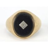 9ct gold black onyx and diamond signet ring, size Q, 4.0g : For Further Condition Reports Please