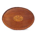 Large Edwardian oval inlaid mahogany serving tray with wavy gallery, 80.5cm x 56.5cm : For Further
