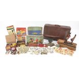 Collection of antique and later toys and games including Ponjot, bone and ebony dominoes and Ace