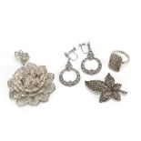 Silver jewellery including marcasite earrings, ring, brooch and filigree pendant, the largest 7cm