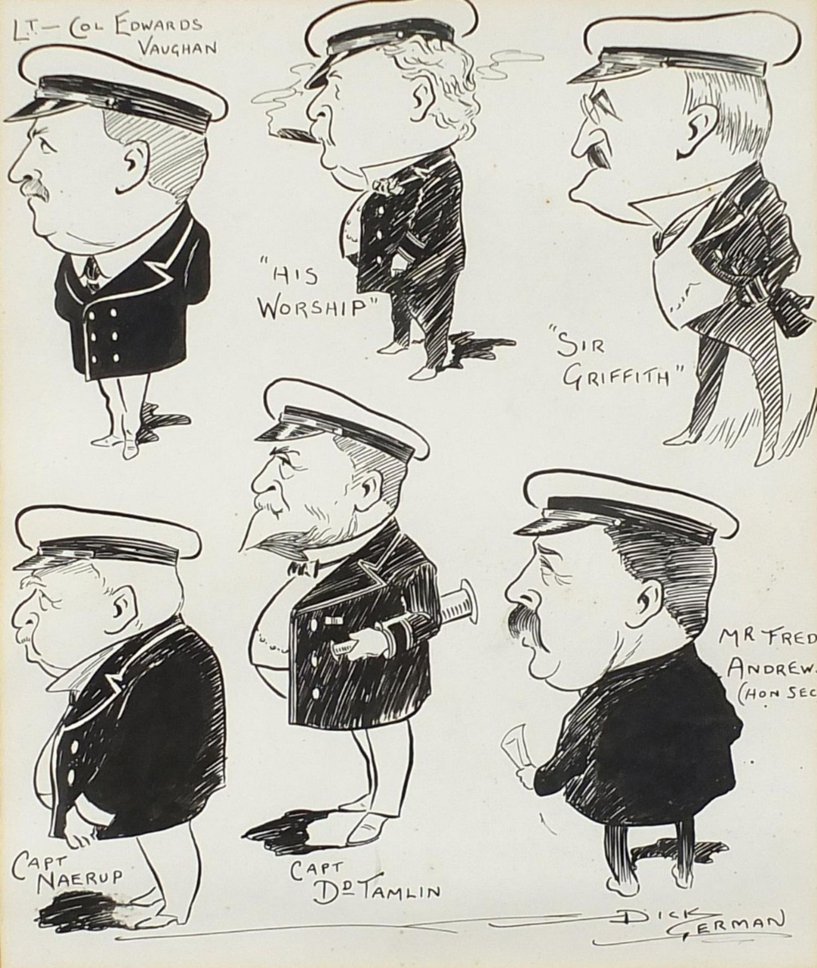 Naval caricatures including Lieutenant Colonel Edwards Vaughan and Sir Griffith, pen and ink, signed