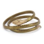 Unmarked yellow metal snake design bangle, 6.5cm in diameter, 34.3g : For Further Condition