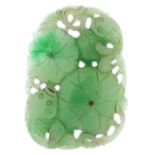 Large Chinese green jade pendant carved with fish amongst lilies, 8.5cm high, 121.8g : For Further