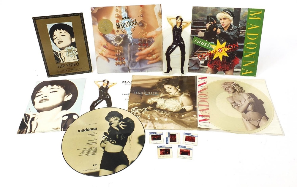 Madonna picture discs and vinyl LP's together with five Beatles Walton photographic slides including