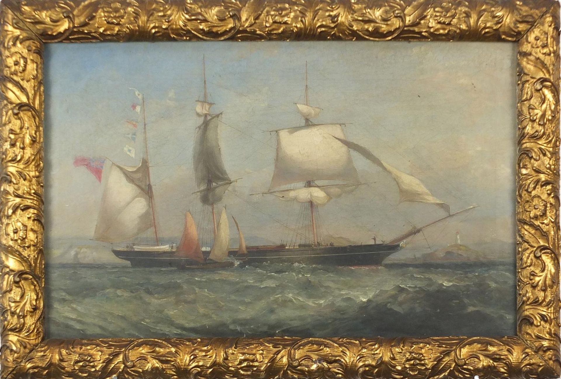 Frigate and sailing boat at sea, 18th/19th century maritime oil on canvas, framed and glazed, 53cm x - Bild 2 aus 3