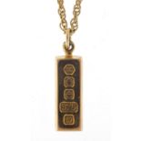 9ct gold ingot pendant on a 9ct gold necklace, 2.7cm high and 41cm in length, total 12.6g : For