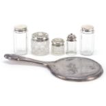 Five Victorian and later silver mounted cut glass jars and a silver backed hand mirror including J &