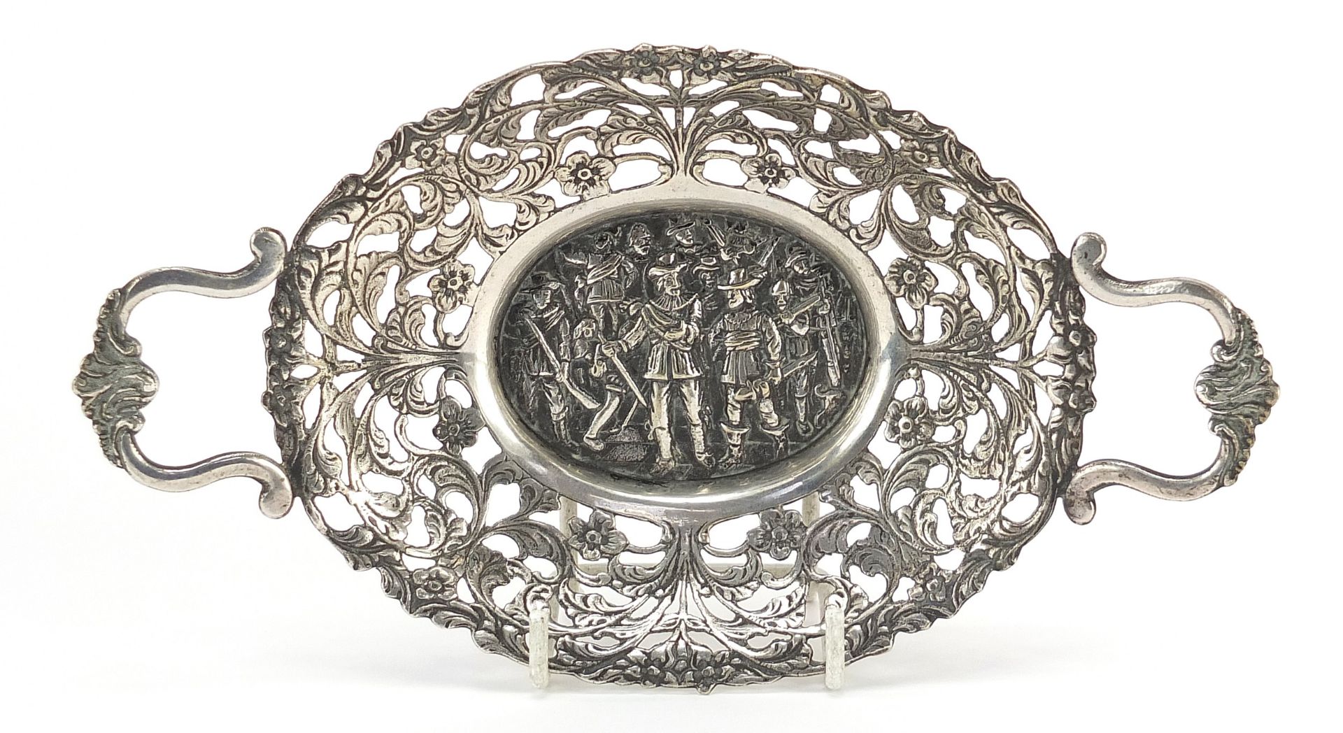 Continental oval pierced silver coloured metal twin handled bonbon dish embossed with cavaliers, - Image 2 of 10