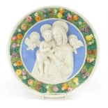 Italian Maiolica wall plaque of Madonna & child in the style of Della Robbia, 40.5cm in diameter :