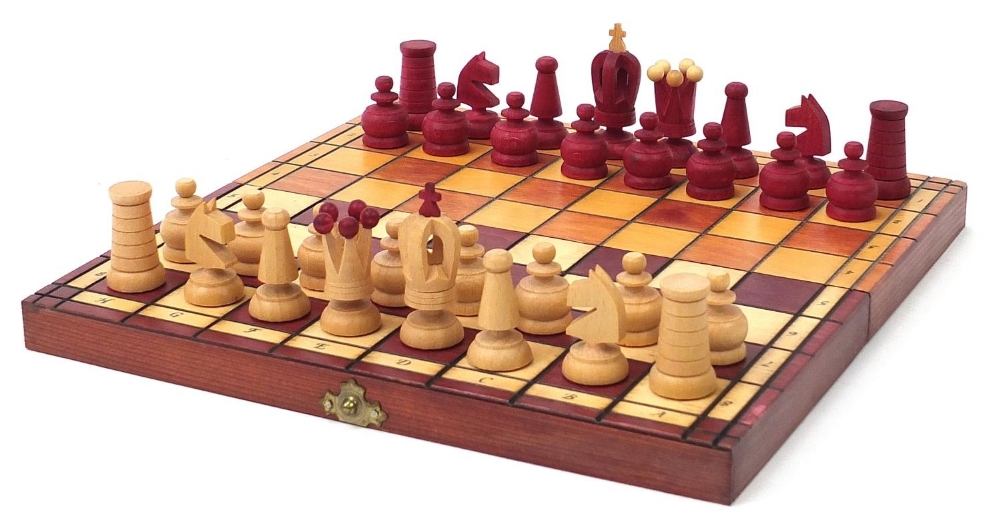 Carved wood half stained chess set with fitted folding chess board, the largest pieces each 6.5cm - Image 3 of 10