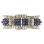 Good Art Deco diamond and sapphire three piece scarf clip brooch, A & M maker's mark, 6cm wide, 32.
