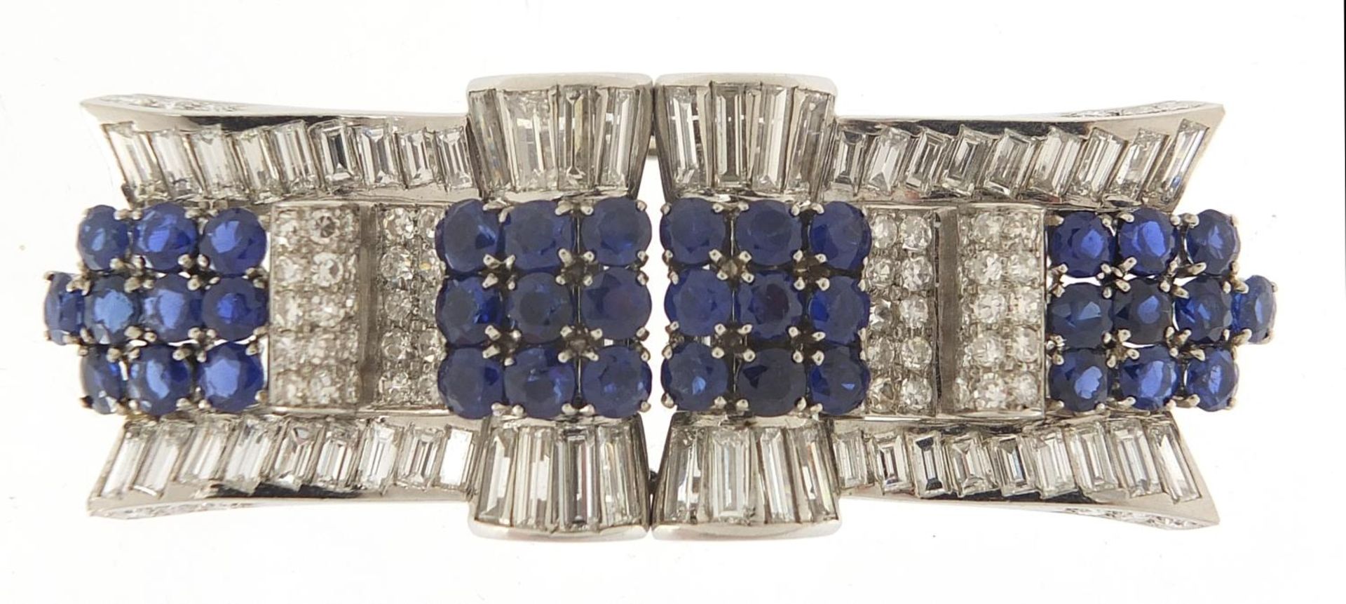 Good Art Deco diamond and sapphire three piece scarf clip brooch, A & M maker's mark, 6cm wide, 32.