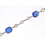 Antique silver coloured metal necklace set with blue and clear glass stones, 88cm in length, 47.4g :