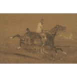 Horse and rider jumping a fence, chalk, bearing a monogram CEJ, mounted, framed and glazed, 46cm x