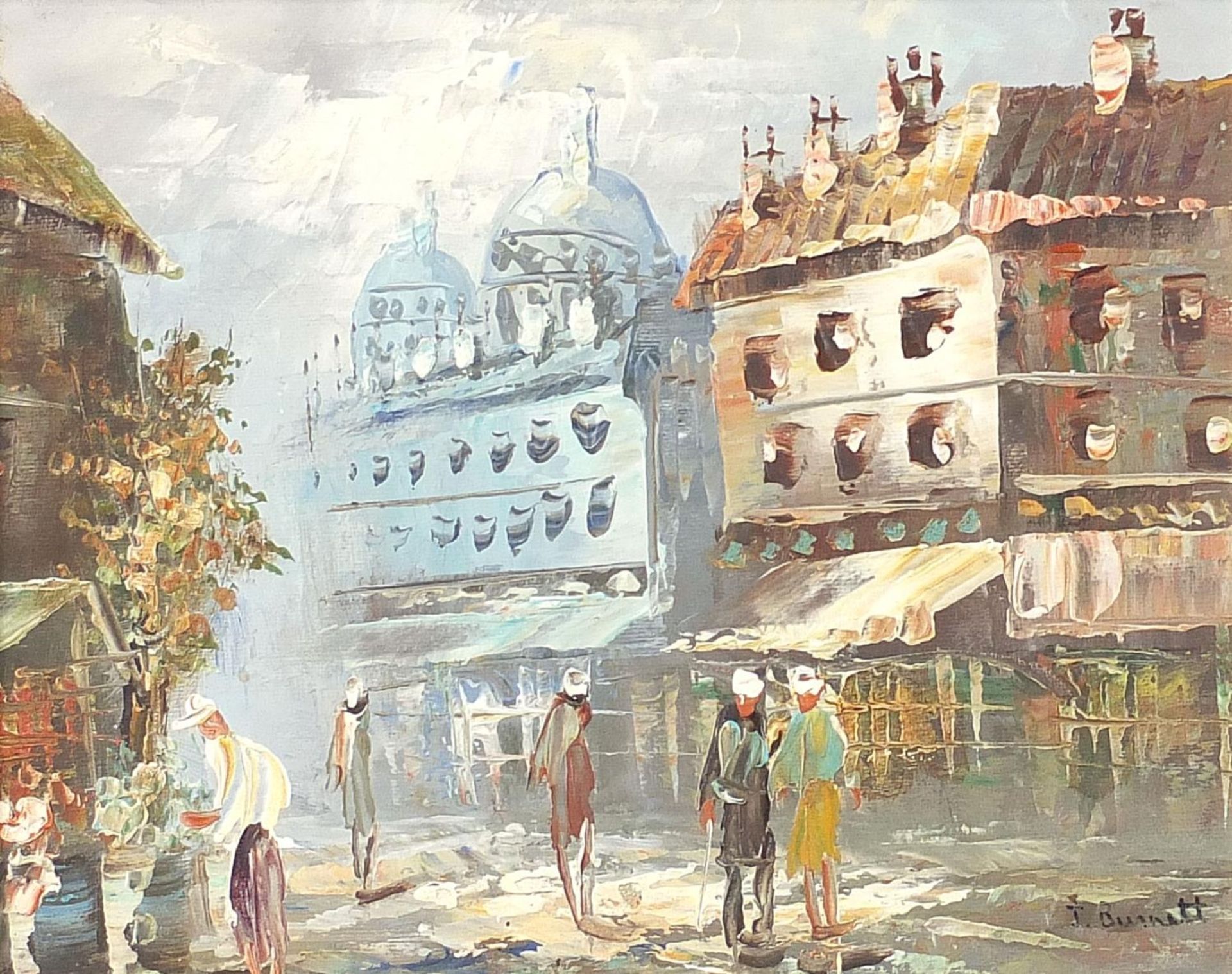 Burnett - Parisian street scene with figures, Impressionist oil on canvas, mounted and framed,