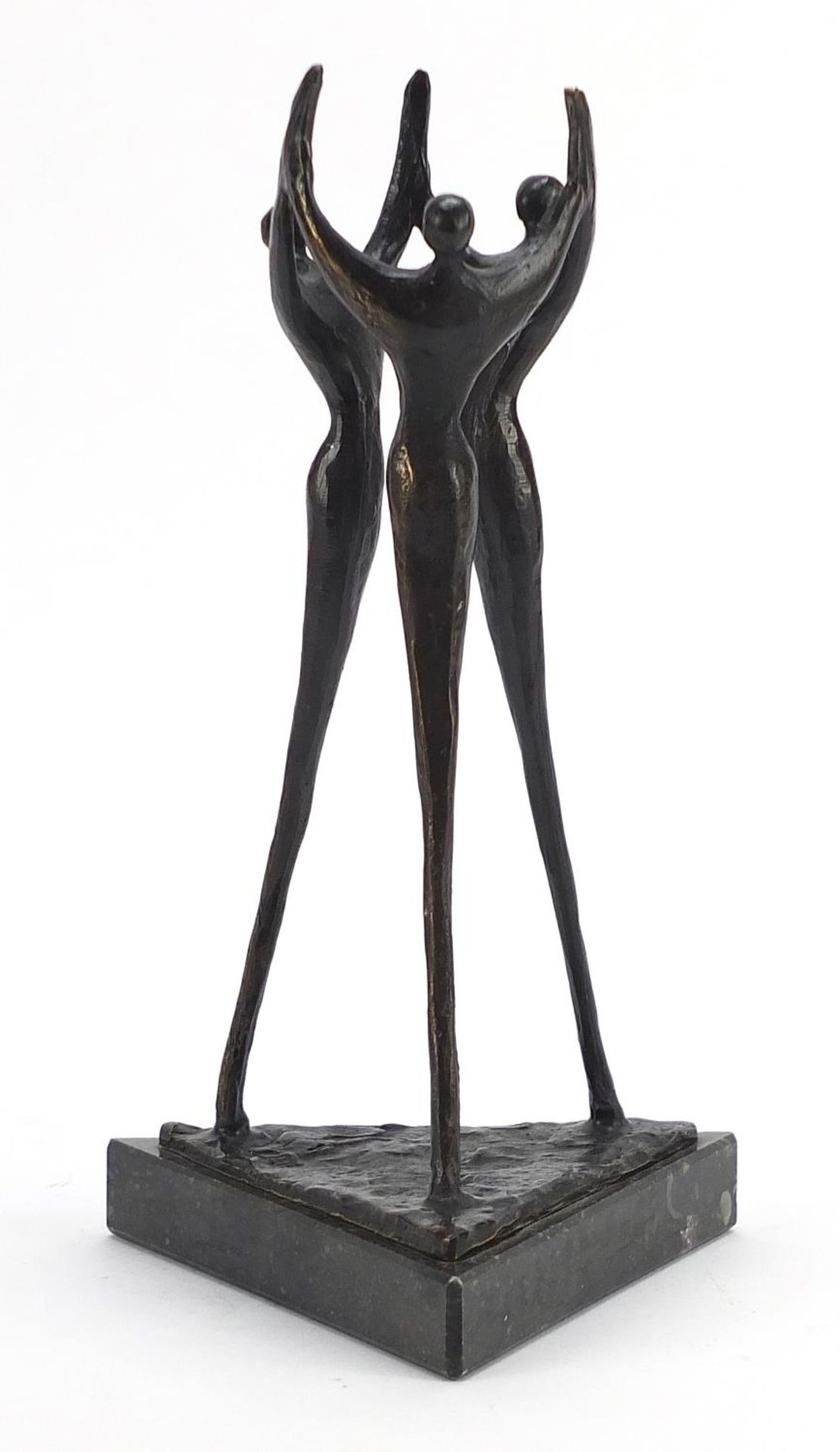 Modernist patinated bronze study of three figures raised on a triangular marble base, 24cm high : - Image 2 of 4
