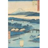 River before Mount Fuji, Japanese woodblock print in colour with character marks, Tai Loong label