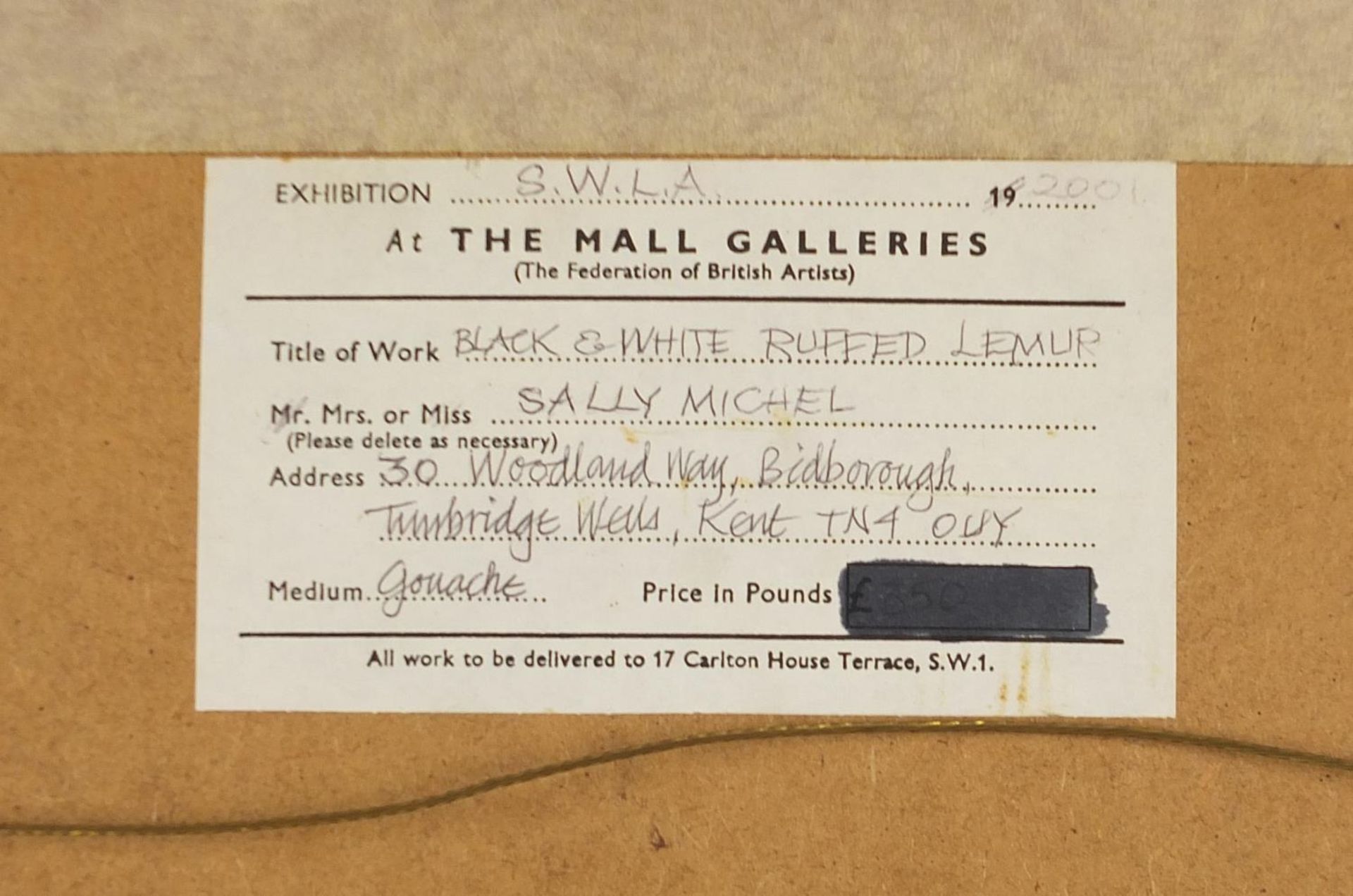Sally Michel SWLA - Black and white ruffed lemur, signed gouache, exhibition label verso, mounted, - Image 5 of 5