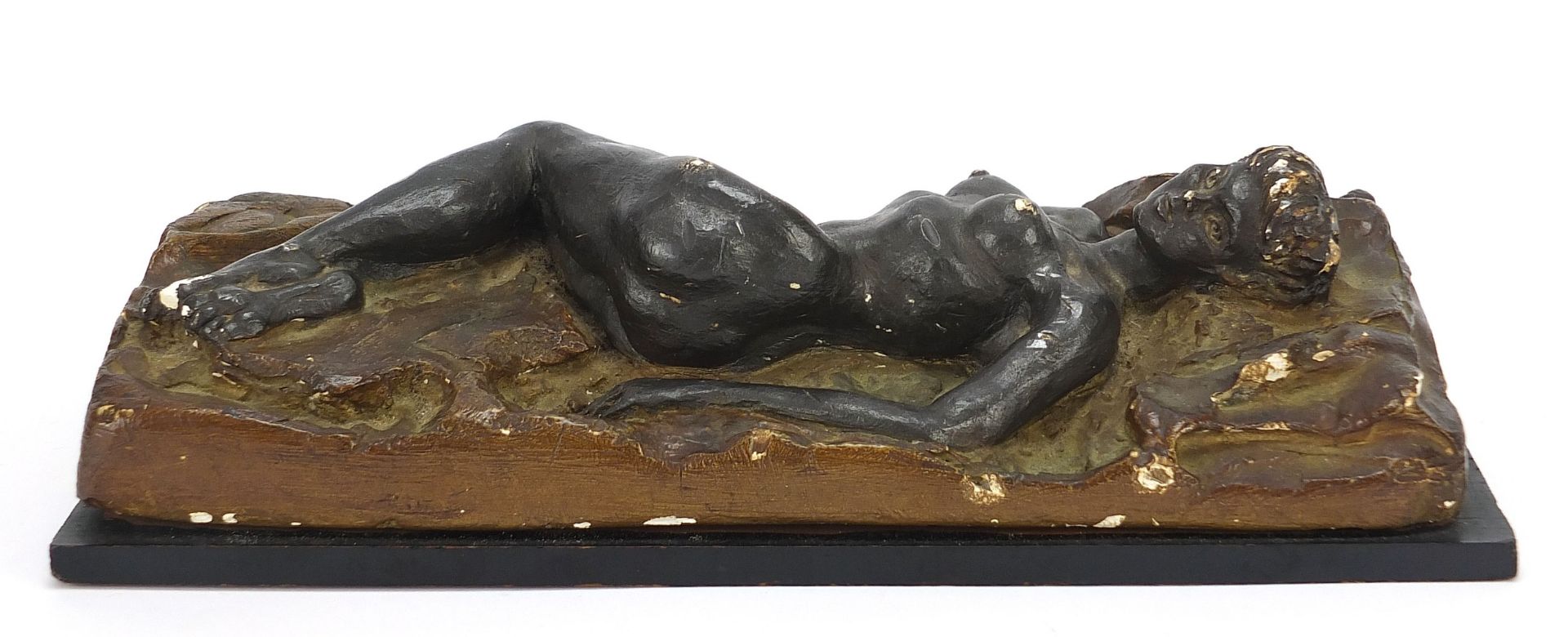 Mid century plaster sculpture of a nude female, part label to the base, 30.5cm wide : For Further