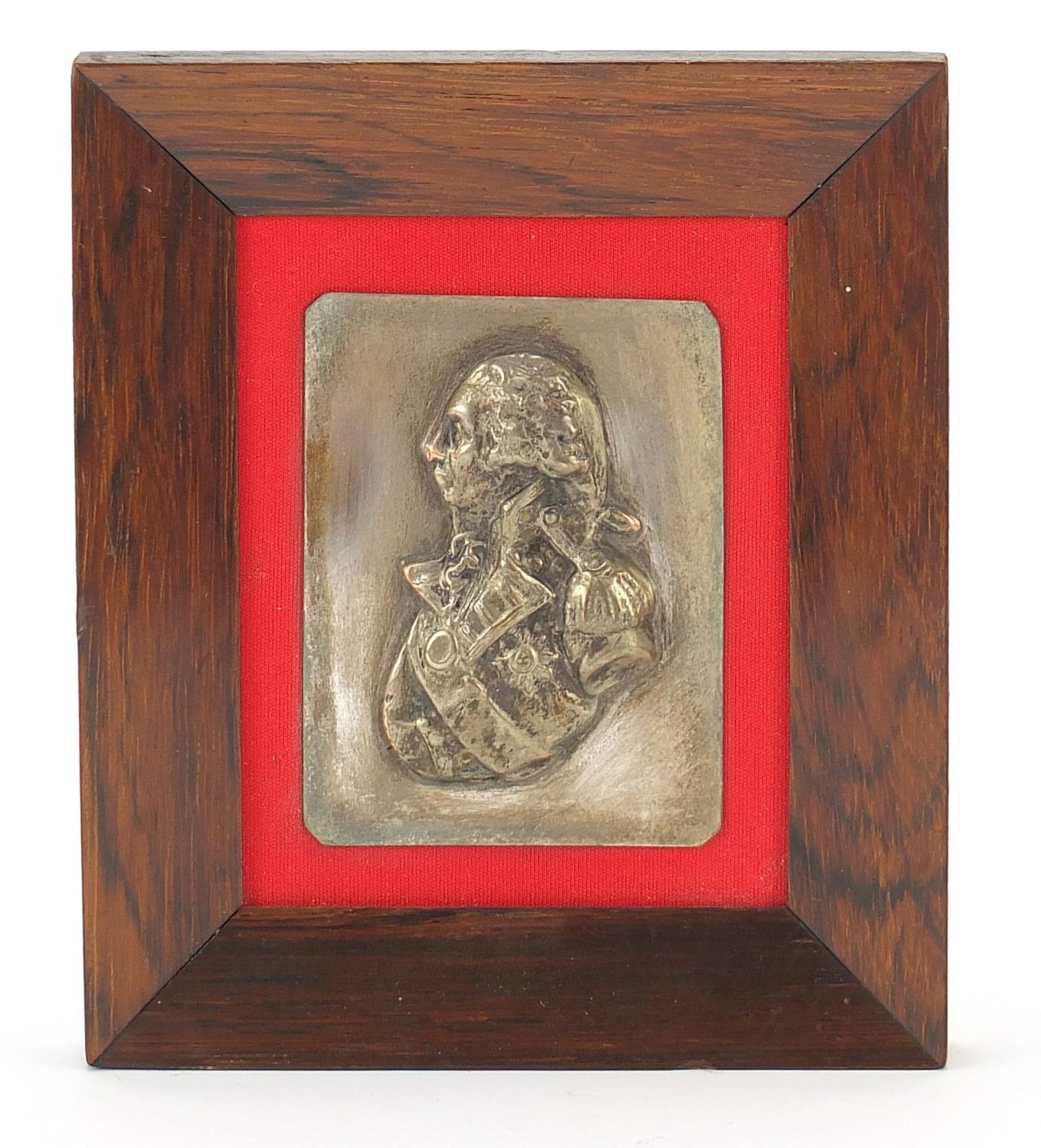Naval interest silvered plaque of Lord Nelson housed in a rosewood frame, overall 17.5cm x 15cm :
