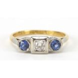 Art Deco 18ct gold and platinum diamond and sapphire three stone ring, size O, 3.3g : For Further