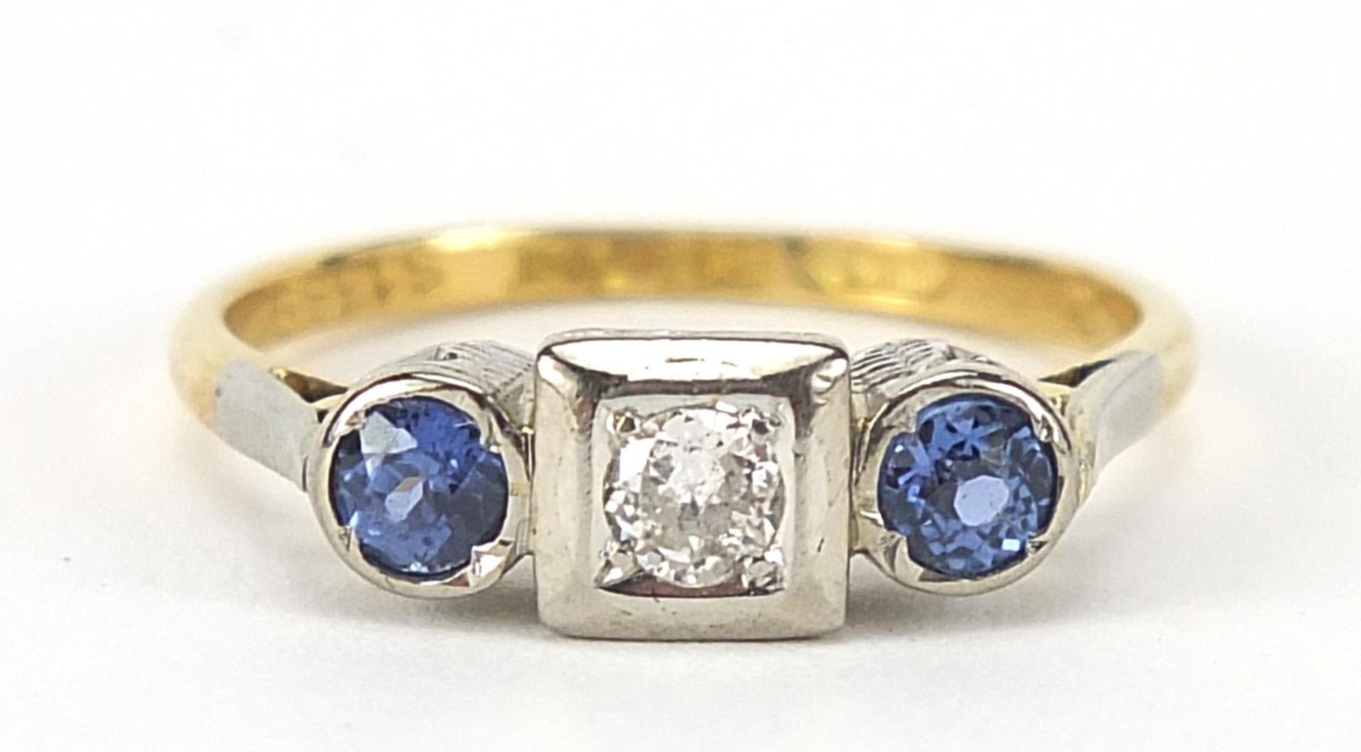 Art Deco 18ct gold and platinum diamond and sapphire three stone ring, size O, 3.3g : For Further