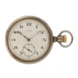 Longines, gentlemen's silver coloured metal open face pocket watch with subsidiary dial, 52mm in