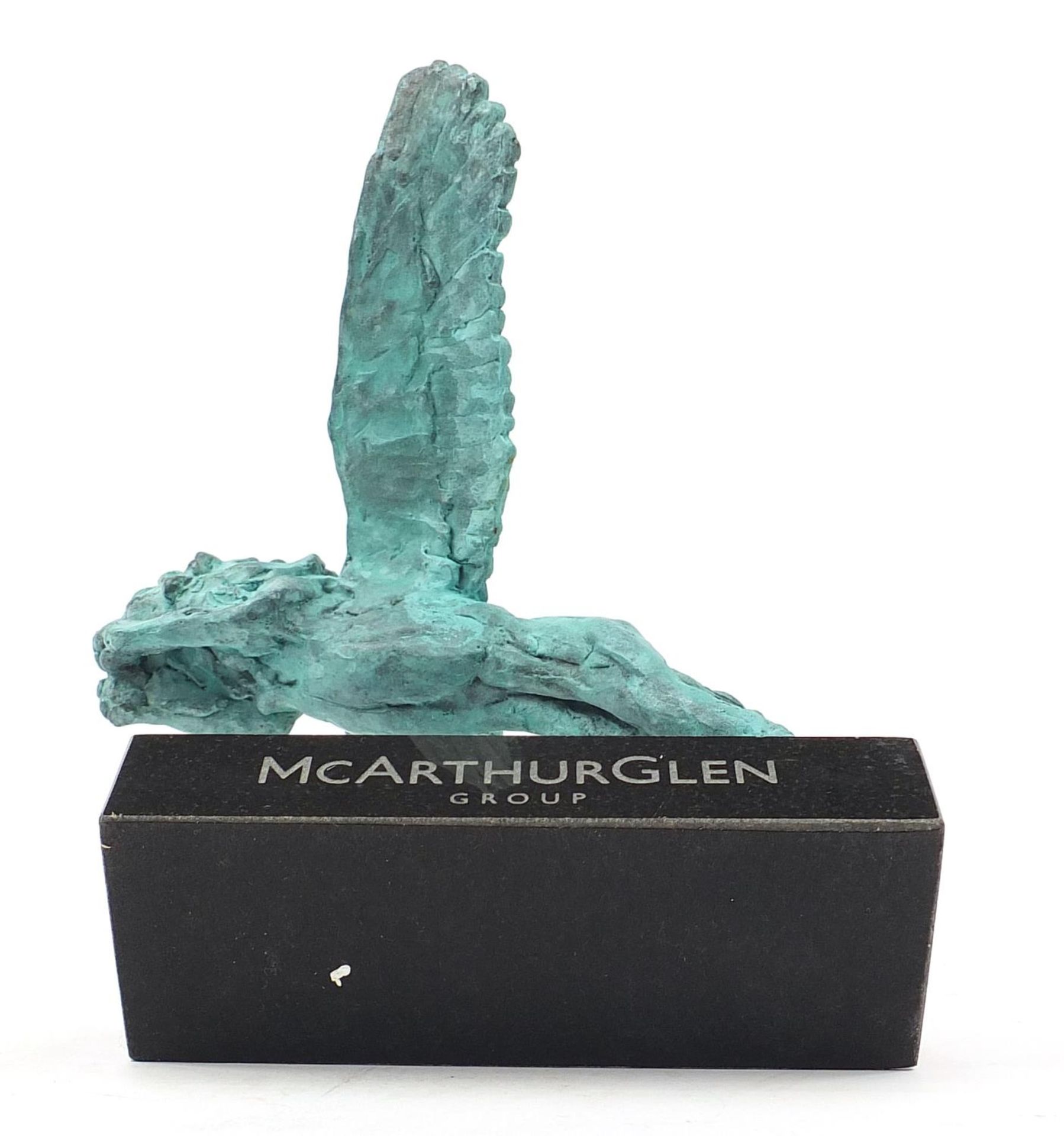 Mark Coreth for McArthur Glen Group, Verdigris bronze study of a winged lion raised on a rectangular - Image 6 of 6