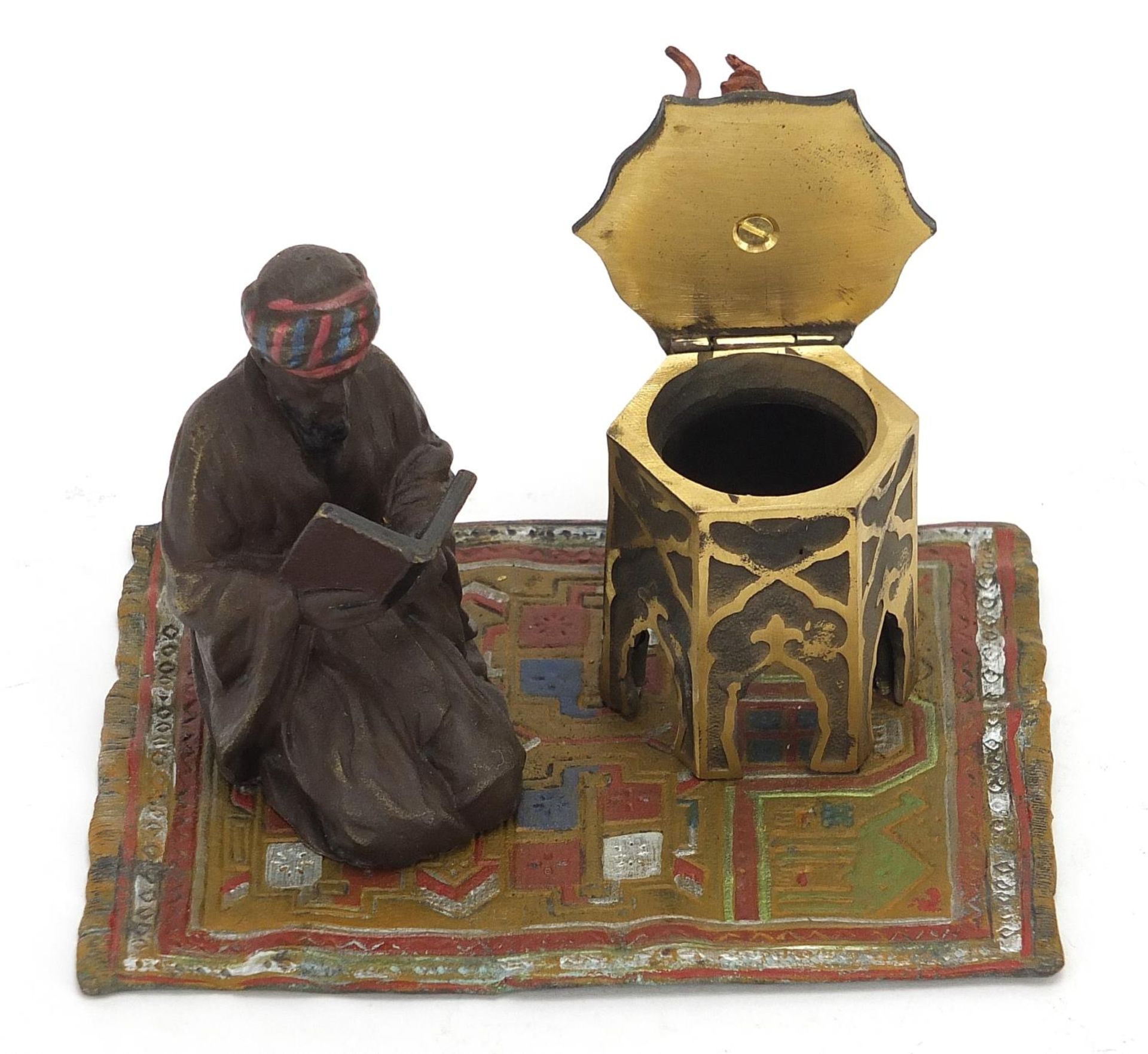Cold painted bronze figure of an Arab on a carpet in the style of Franz Xaver Bergmann, 14cm - Image 2 of 4
