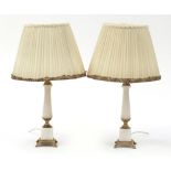 Pair of French style marble table lamps with gilt metal mounts and shades, each 46cm high : For