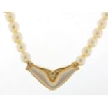 18ct gold and diamond pearl necklace housed in a Mappin & Webb velvet and silk lined box, 40cm in