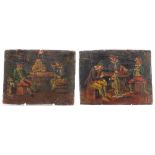 Tavern scenes, pair of 18th century Dutch school oil on wood panels, each bearing an indistinct