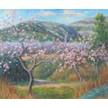 Cherry blossom trees before mountains, Spanish Impressionist oil on canvas, indistinctly signed,
