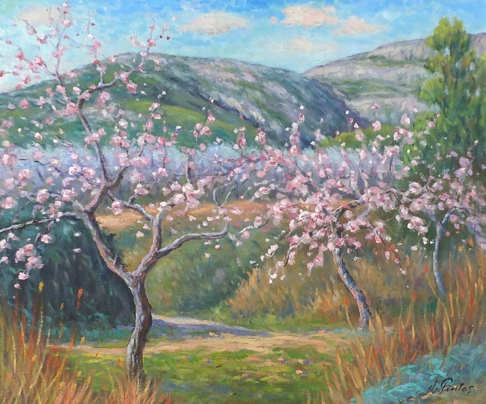 Cherry blossom trees before mountains, Spanish Impressionist oil on canvas, indistinctly signed,