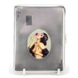 Beddoes & Co, Art Deco silver cigarette case with enamelled panel of a semi nude female pin up,