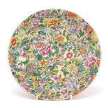 Chinese porcelain dish hand painted in the famille rose palette with peaches and flowers, four