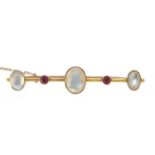 Unmarked gold cabochon moonstone and ruby bar brooch, 5.5cm wide, 5.7g : For Further Condition