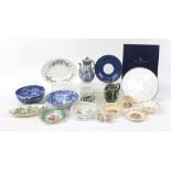 Collectable china including Mason's coffee pot, Royal Doulton Bunnykins, Wedgwood Jasperware jug and