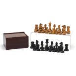 Antique boxwood and ebony Staunton pattern chess set with mahogany case, the largest pieces each 9cm