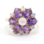 9ct gold opal and amethyst flower head ring, size M, 3.9g : For Further Condition Reports Please