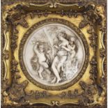 Classical marble style circular panel of a faun, putti and a maiden, housed in an ornate gilt frame,