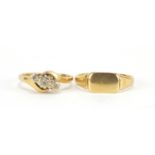 18ct gold signet ring and 18ct gold diamond three stone crossover ring, sizes L and P, 6.1g : For