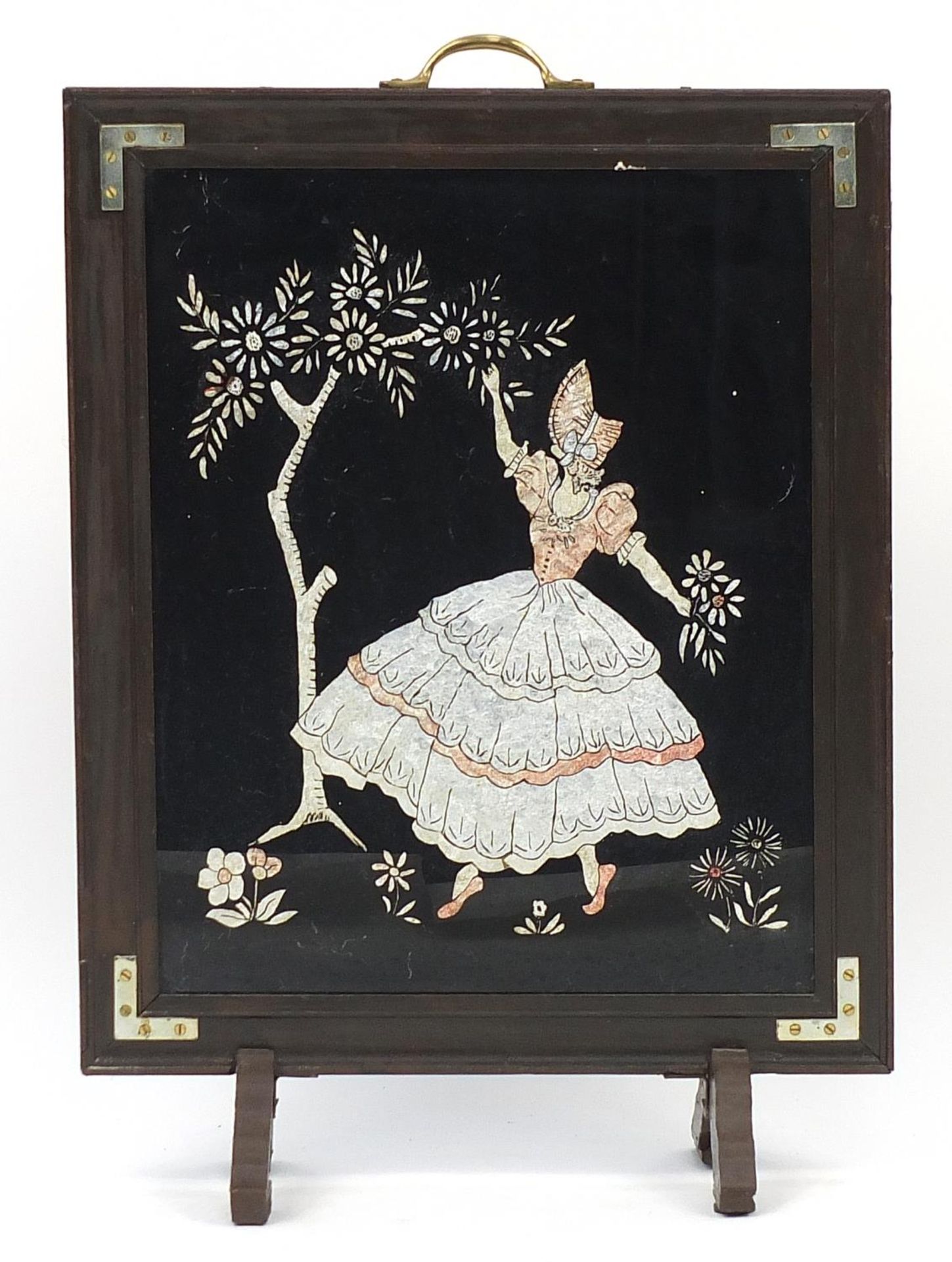 Mahogany foil backed glass fire screen depicting a crinoline lady picking flowers, 70cm high x - Image 2 of 3