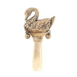 Novelty sterling silver swan babies rattle with mother of pearl handle, 7.5cm in length : For