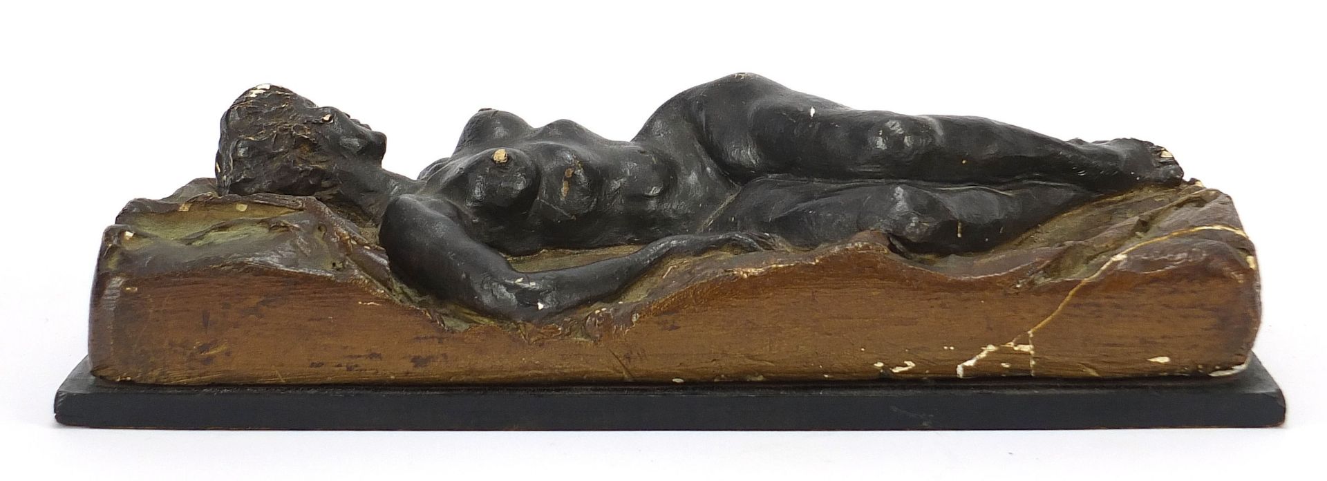 Mid century plaster sculpture of a nude female, part label to the base, 30.5cm wide : For Further - Image 2 of 4