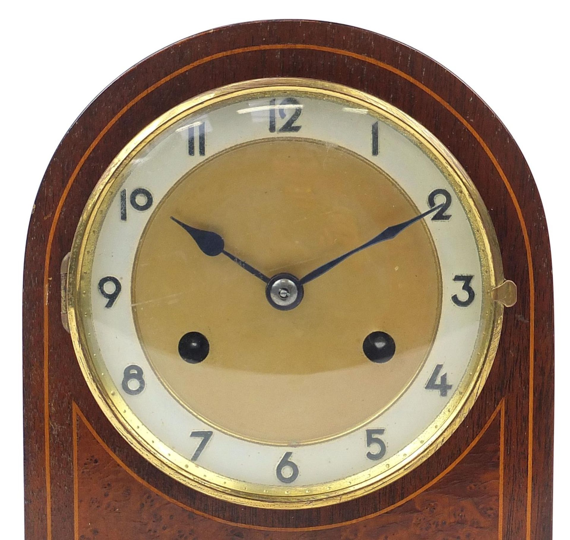 Edwardian inlaid mahogany and amboyna dome top mantle clock striking on a gong, 26cm high : For - Image 4 of 10