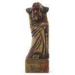 Chinese carved soapstone figural seal of an elder, character marks to the base, 12.5cm high : For